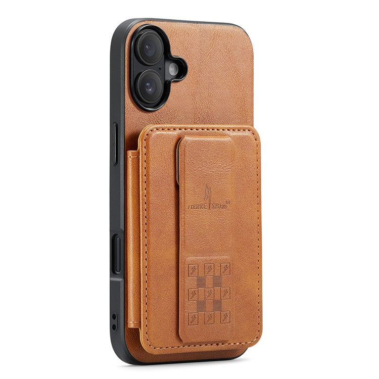 FIERRE SHANN 024 Style For iPhone 16 Case Card Holder Kickstand Waxy Texture Leather+TPU Phone Cover - Brown