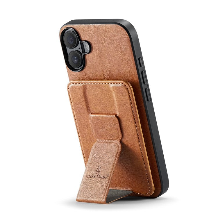 FIERRE SHANN 024 Style For iPhone 16 Case Card Holder Kickstand Waxy Texture Leather+TPU Phone Cover - Brown