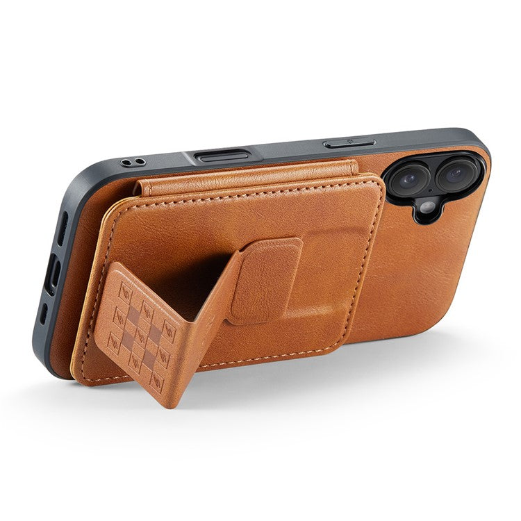 FIERRE SHANN 024 Style For iPhone 16 Case Card Holder Kickstand Waxy Texture Leather+TPU Phone Cover - Brown