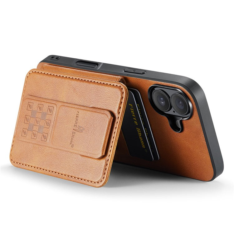 FIERRE SHANN 024 Style For iPhone 16 Case Card Holder Kickstand Waxy Texture Leather+TPU Phone Cover - Brown