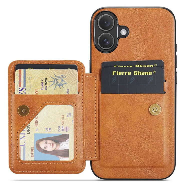 FIERRE SHANN 024 Style For iPhone 16 Case Card Holder Kickstand Waxy Texture Leather+TPU Phone Cover - Brown