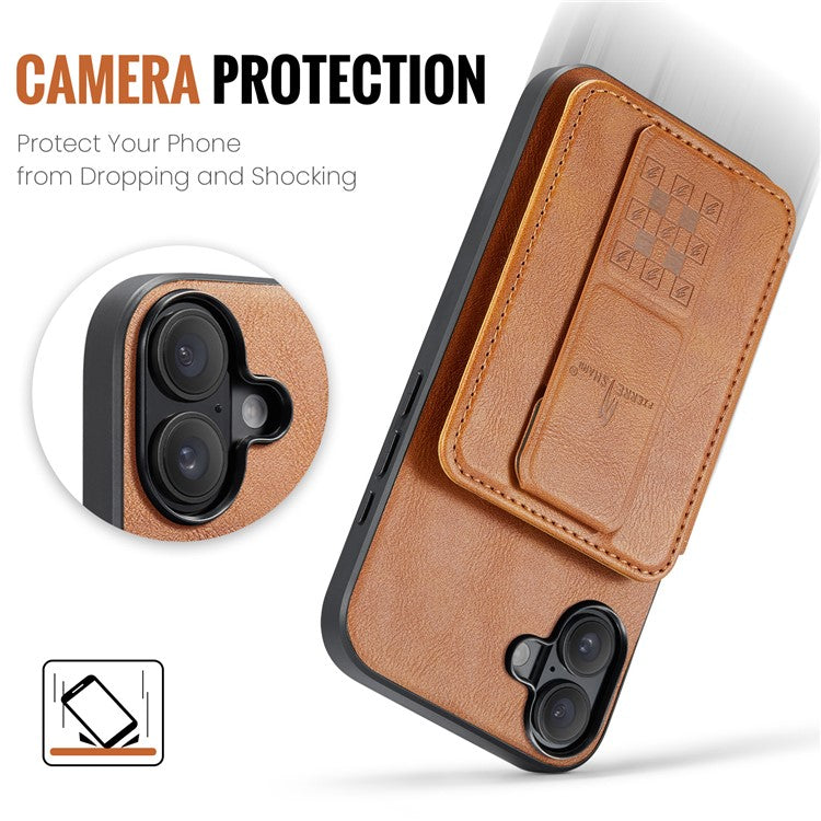 FIERRE SHANN 024 Style For iPhone 16 Case Card Holder Kickstand Waxy Texture Leather+TPU Phone Cover - Brown