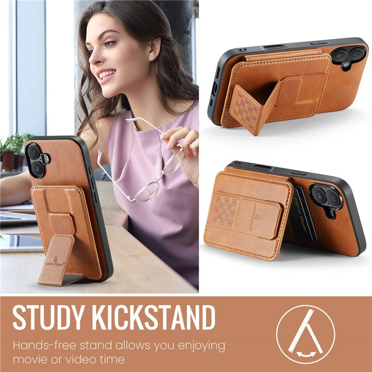 FIERRE SHANN 024 Style For iPhone 16 Case Card Holder Kickstand Waxy Texture Leather+TPU Phone Cover - Brown