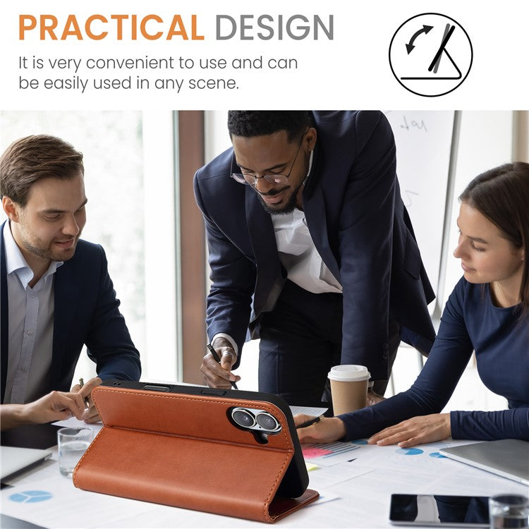 FIERRE SHANN For iPhone 16 Case PU Leather Flip Stand Wallet Phone Cover - Brown