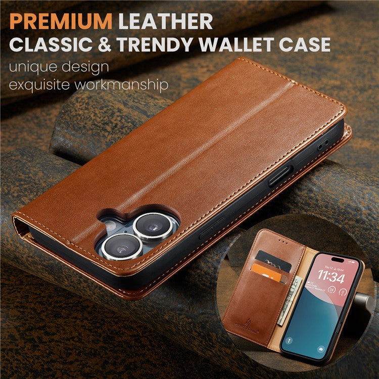 FIERRE SHANN For iPhone 16 Case PU Leather Flip Stand Wallet Phone Cover - Brown