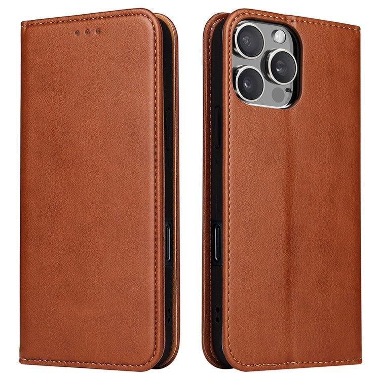 FIERRE SHANN For iPhone 16 Pro Case PU Leather Flip Stand Wallet Phone Cover - Brown