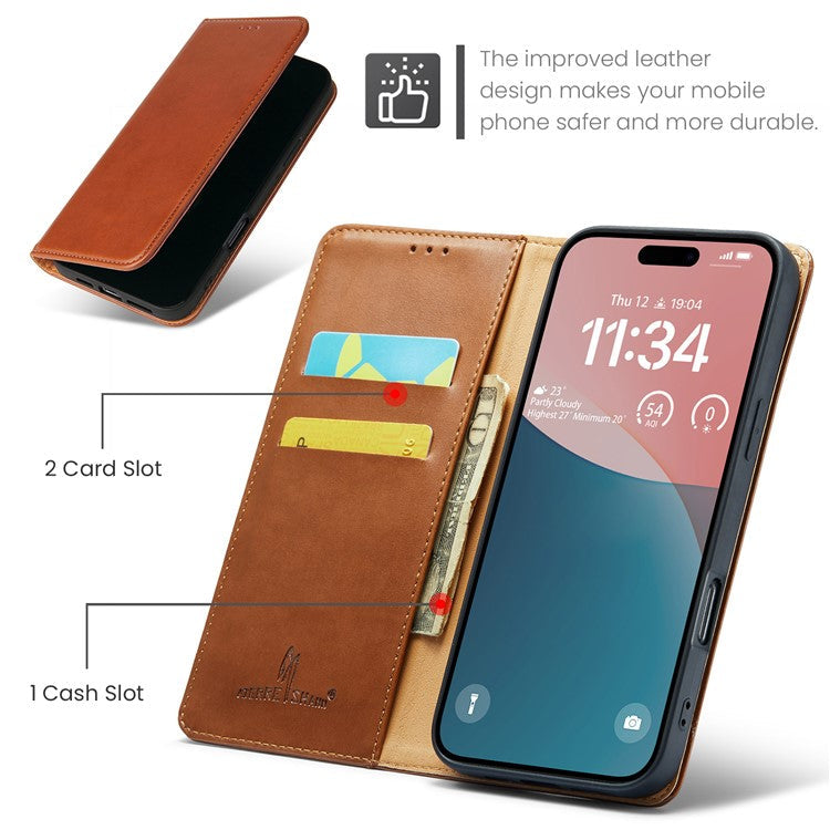 FIERRE SHANN For iPhone 16 Pro Case PU Leather Flip Stand Wallet Phone Cover - Brown