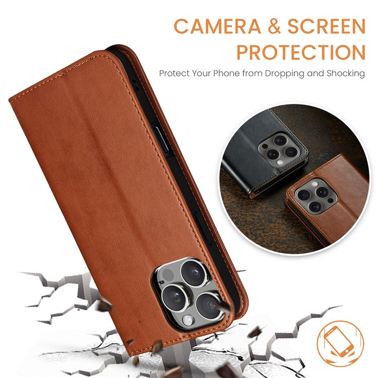 FIERRE SHANN For iPhone 16 Pro Case PU Leather Flip Stand Wallet Phone Cover - Brown
