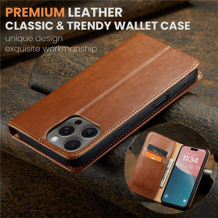 FIERRE SHANN For iPhone 16 Pro Case PU Leather Flip Stand Wallet Phone Cover - Brown