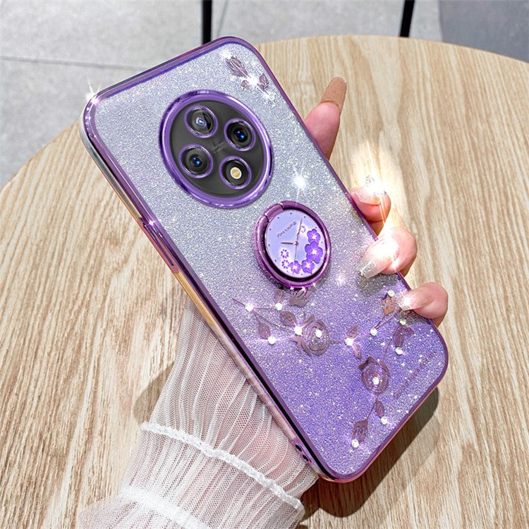 KADEM For Xiaomi Poco C75 4G / Redmi 14R 5G / 14C 4G Case Ring Kickstand TPU Flowers Phone Cover Gradient Glitter - Purple