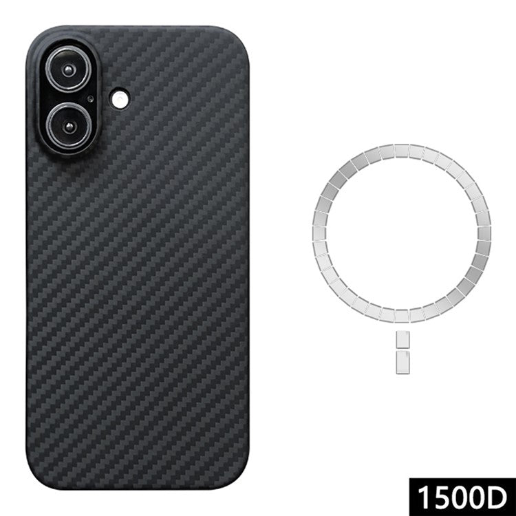 For iPhone 16 Magnetic Case 1500D Coarse Texture Aramid Fiber Phone Cover (Big Lens Hole) - Black