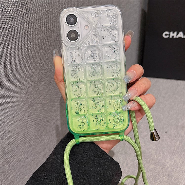 For iPhone 16 Case Gradient Epoxy TPU Soft Phone Cover with Long Lanyard - Green