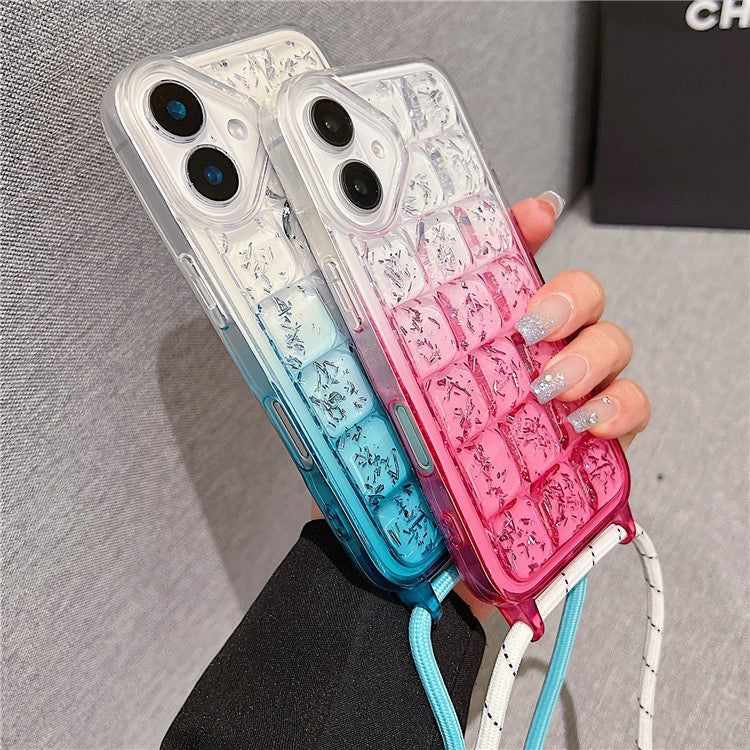 For iPhone 16 Case Gradient Epoxy TPU Soft Phone Cover with Long Lanyard - Green