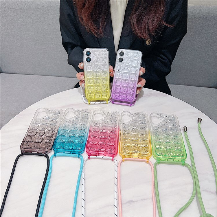 For iPhone 16 Case Gradient Epoxy TPU Soft Phone Cover with Long Lanyard - Green