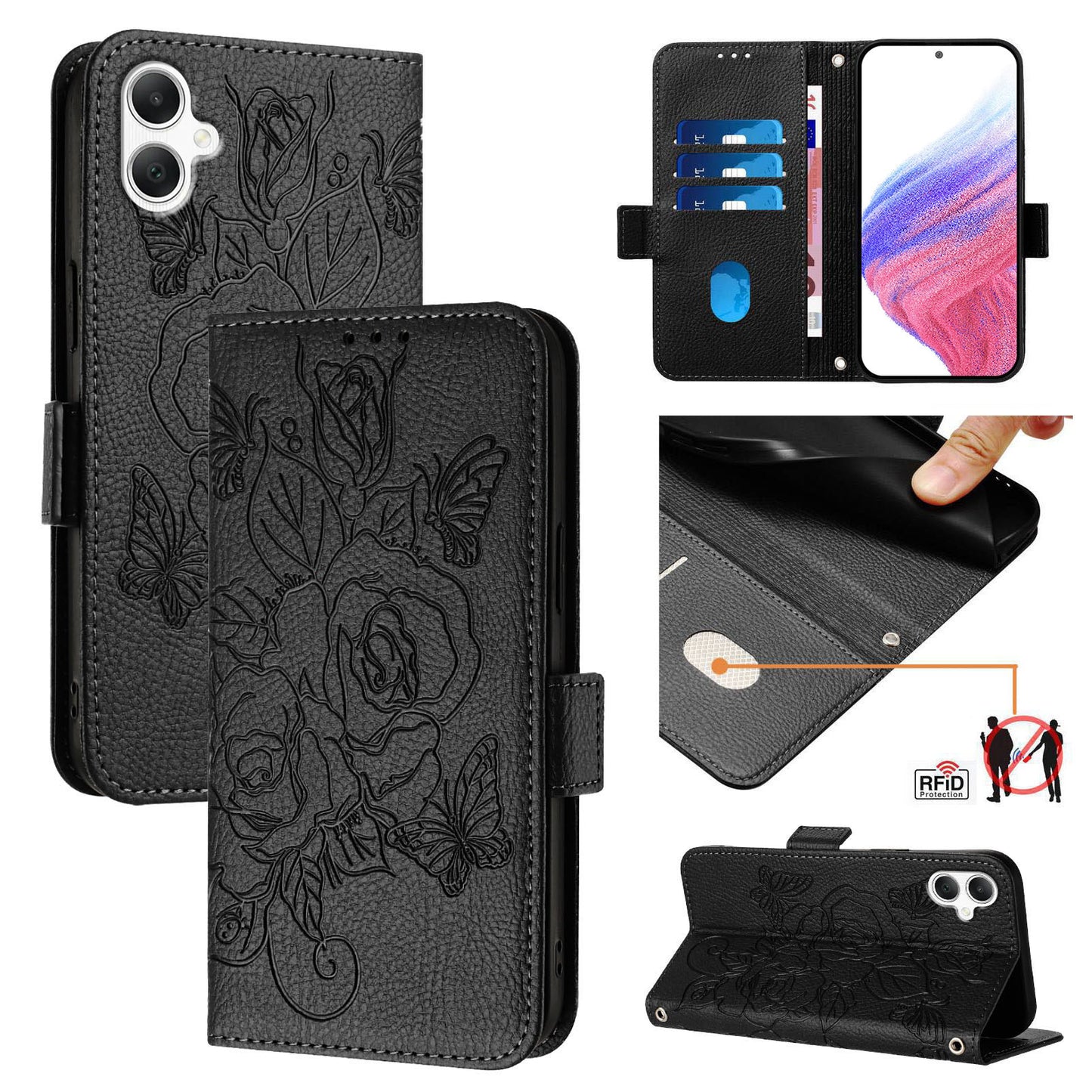 For Samsung Galaxy A06 Case Rose Imprinted RFID Blocking Leather Phone Cover with Strap - Black