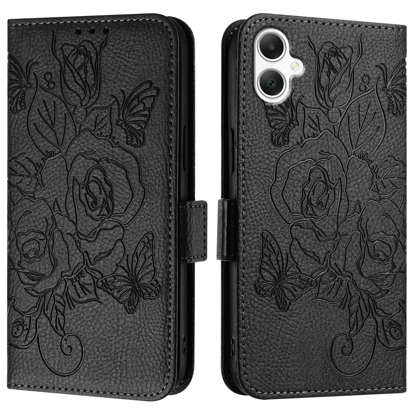 For Samsung Galaxy A06 Case Rose Imprinted RFID Blocking Leather Phone Cover with Strap - Black