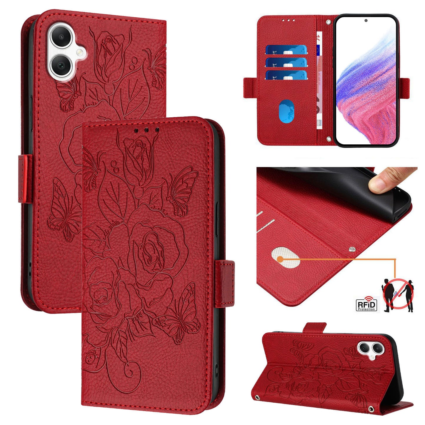 For Samsung Galaxy A06 Case Rose Imprinted RFID Blocking Leather Phone Cover with Strap - Red