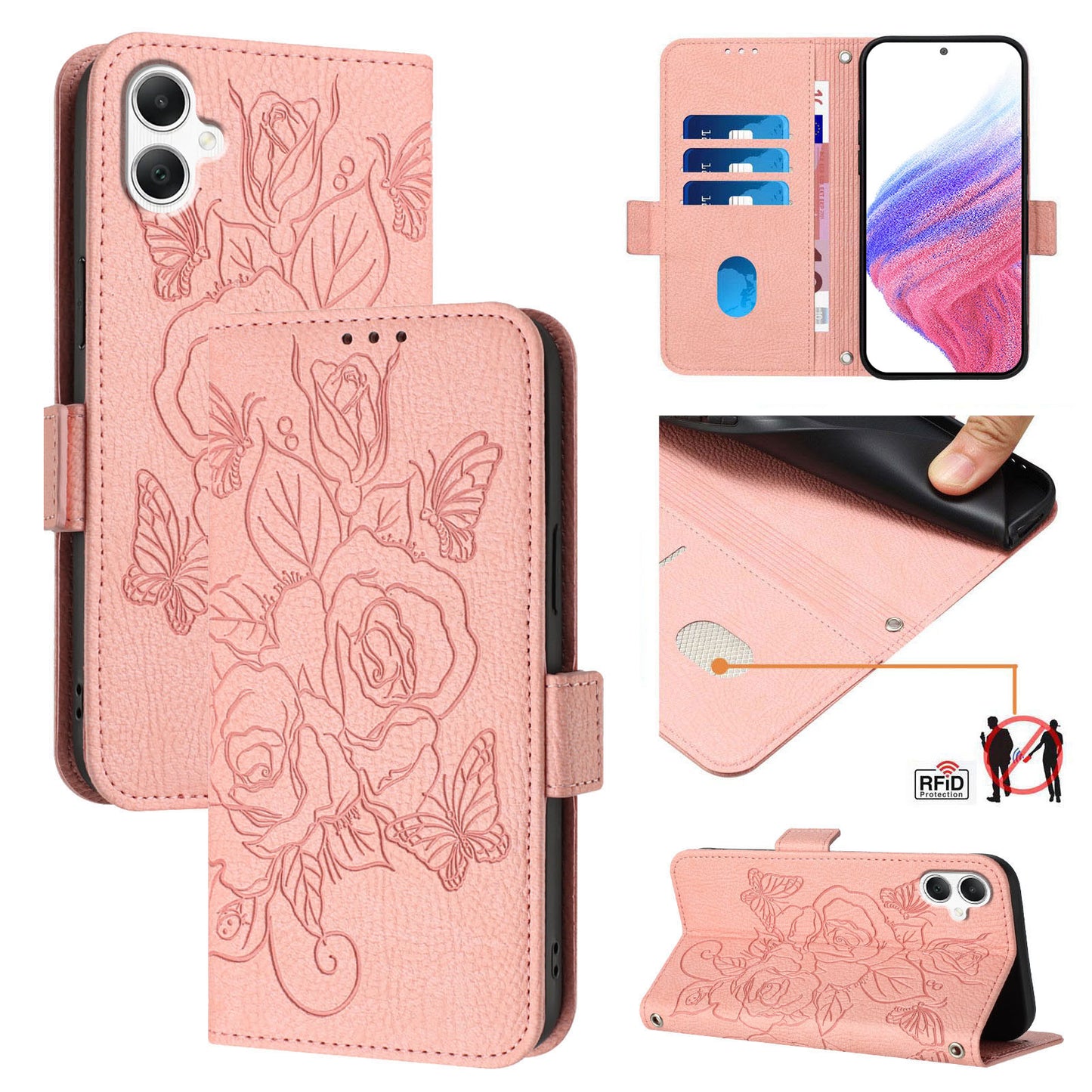 For Samsung Galaxy A06 Case Rose Imprinted RFID Blocking Leather Phone Cover with Strap - Pink