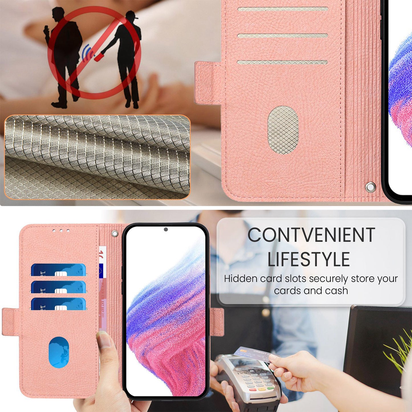 For Samsung Galaxy A06 Case Rose Imprinted RFID Blocking Leather Phone Cover with Strap - Pink