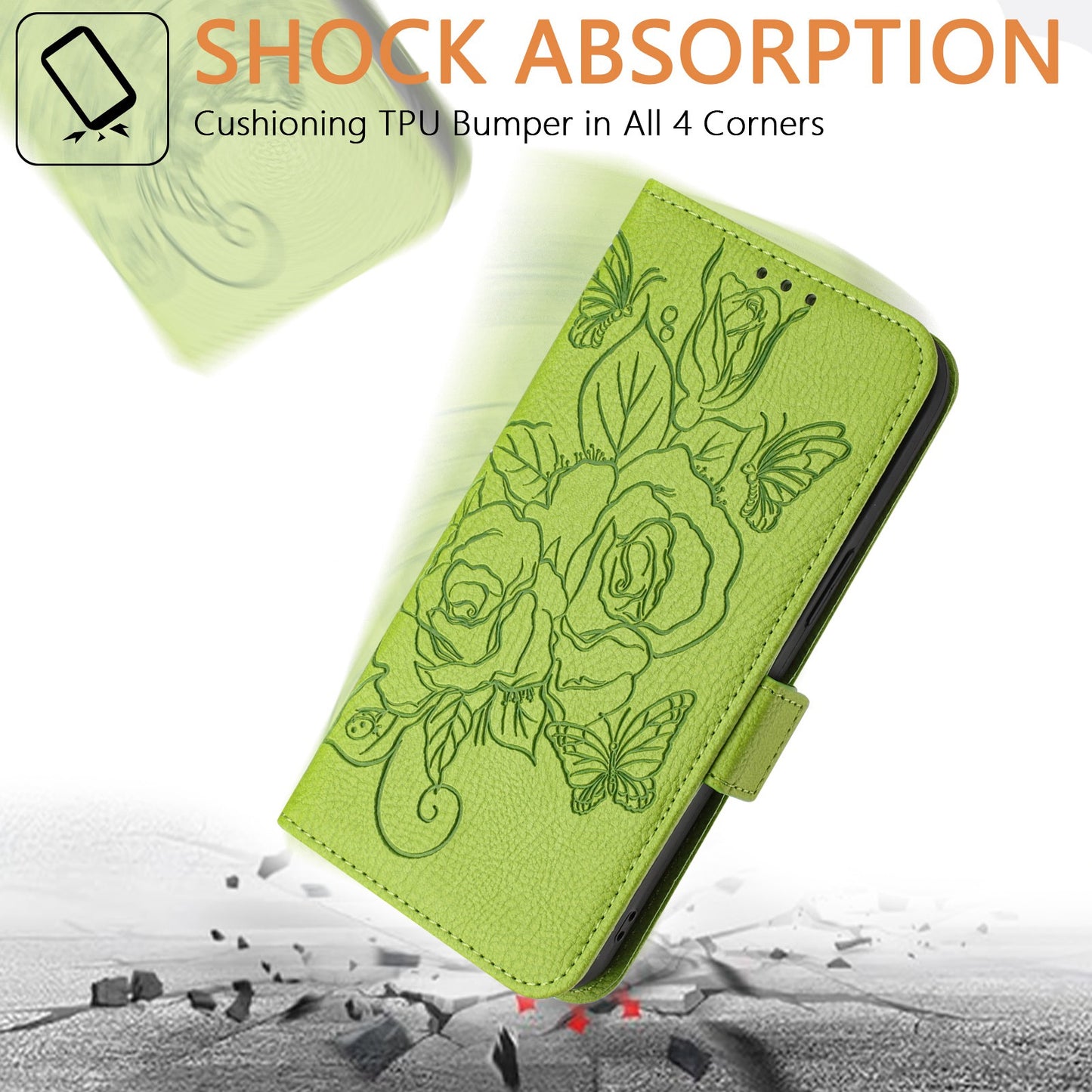 For Samsung Galaxy A06 Case Rose Imprinted RFID Blocking Leather Phone Cover with Strap - Green