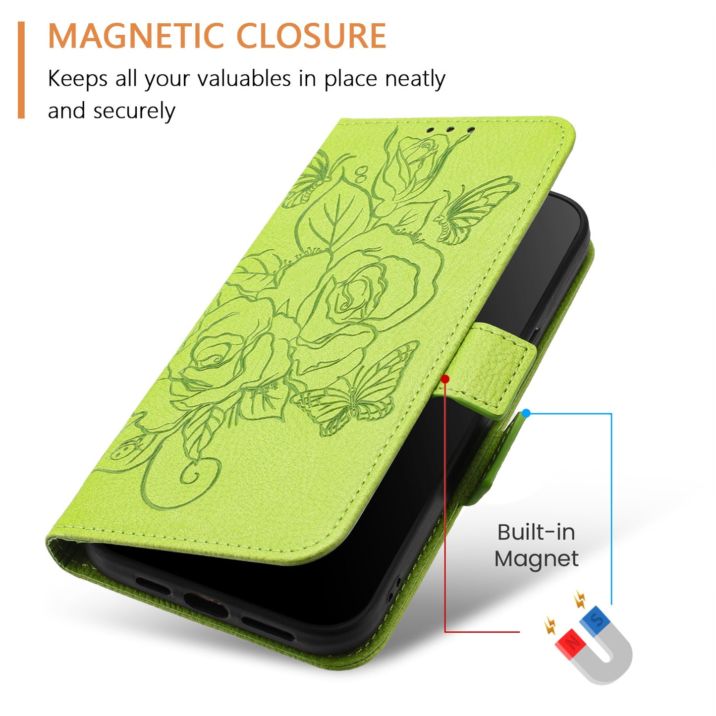 For Samsung Galaxy A06 Case Rose Imprinted RFID Blocking Leather Phone Cover with Strap - Green