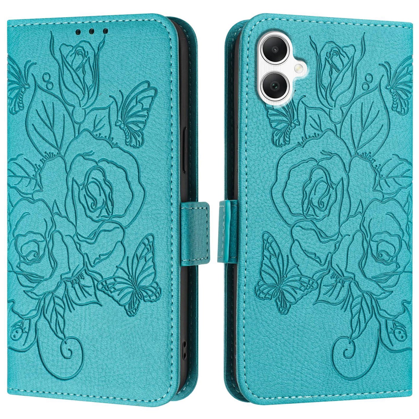 For Samsung Galaxy A06 Case Rose Imprinted RFID Blocking Leather Phone Cover with Strap - Baby Blue
