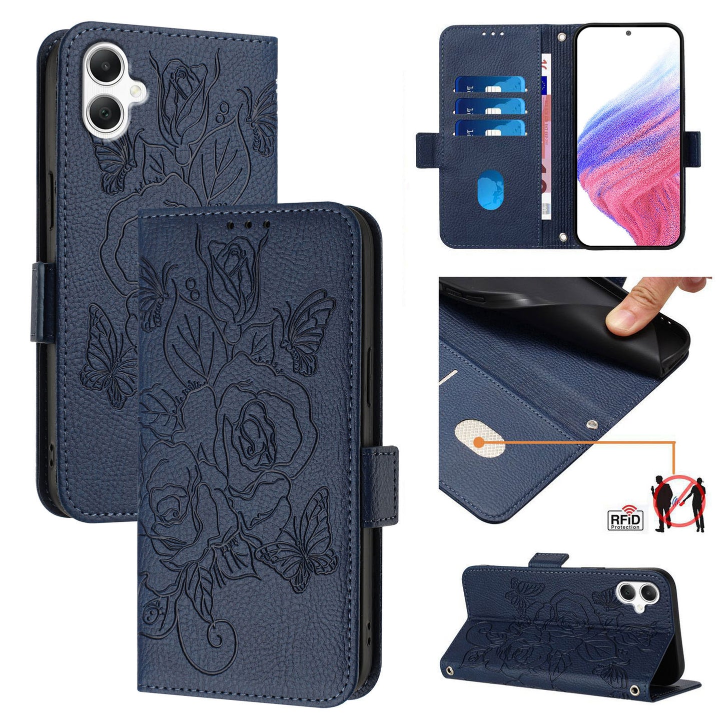 For Samsung Galaxy A06 Case Rose Imprinted RFID Blocking Leather Phone Cover with Strap - Dark Blue