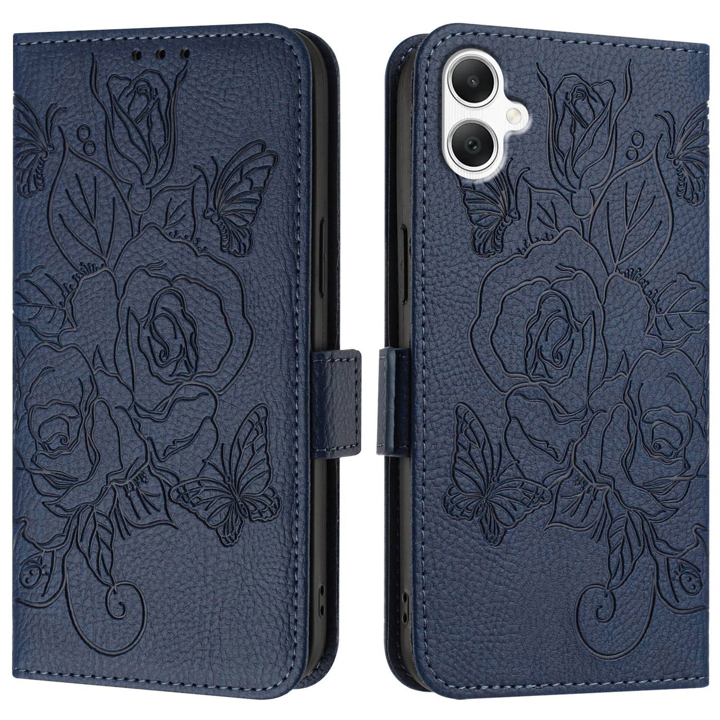 For Samsung Galaxy A06 Case Rose Imprinted RFID Blocking Leather Phone Cover with Strap - Dark Blue