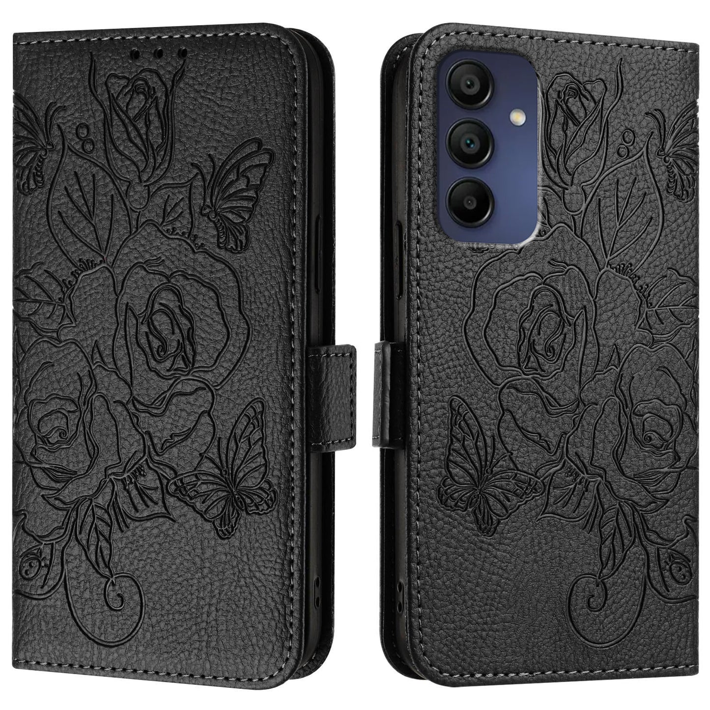 For Samsung Galaxy A16 5G / A16 4G Case Rose Imprinted RFID Blocking Leather Phone Cover with Strap - Black