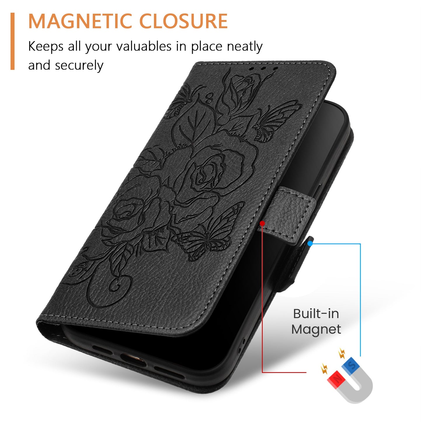 For Samsung Galaxy A16 5G / A16 4G Case Rose Imprinted RFID Blocking Leather Phone Cover with Strap - Black