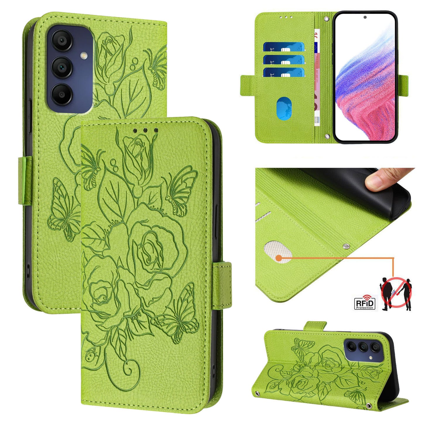 For Samsung Galaxy A16 5G / A16 4G Case Rose Imprinted RFID Blocking Leather Phone Cover with Strap - Green