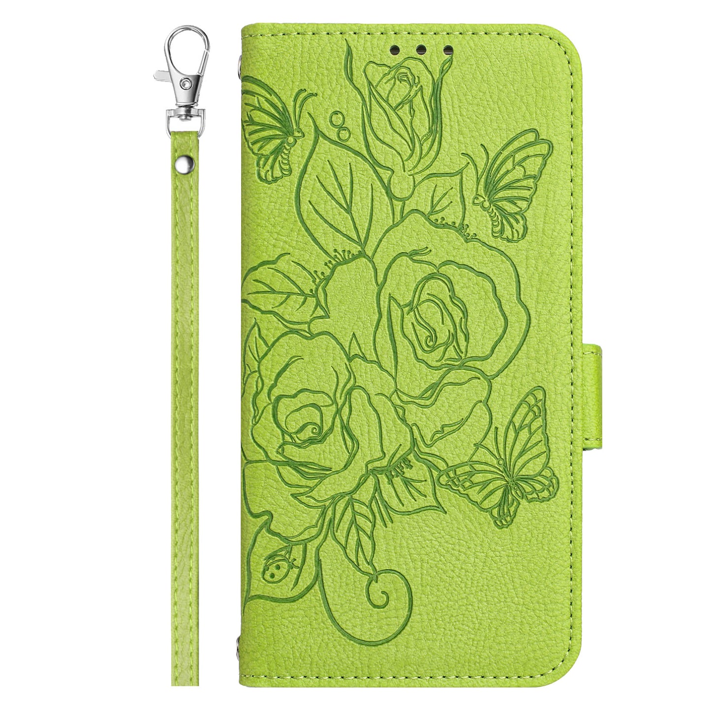 For Samsung Galaxy A16 5G / A16 4G Case Rose Imprinted RFID Blocking Leather Phone Cover with Strap - Green