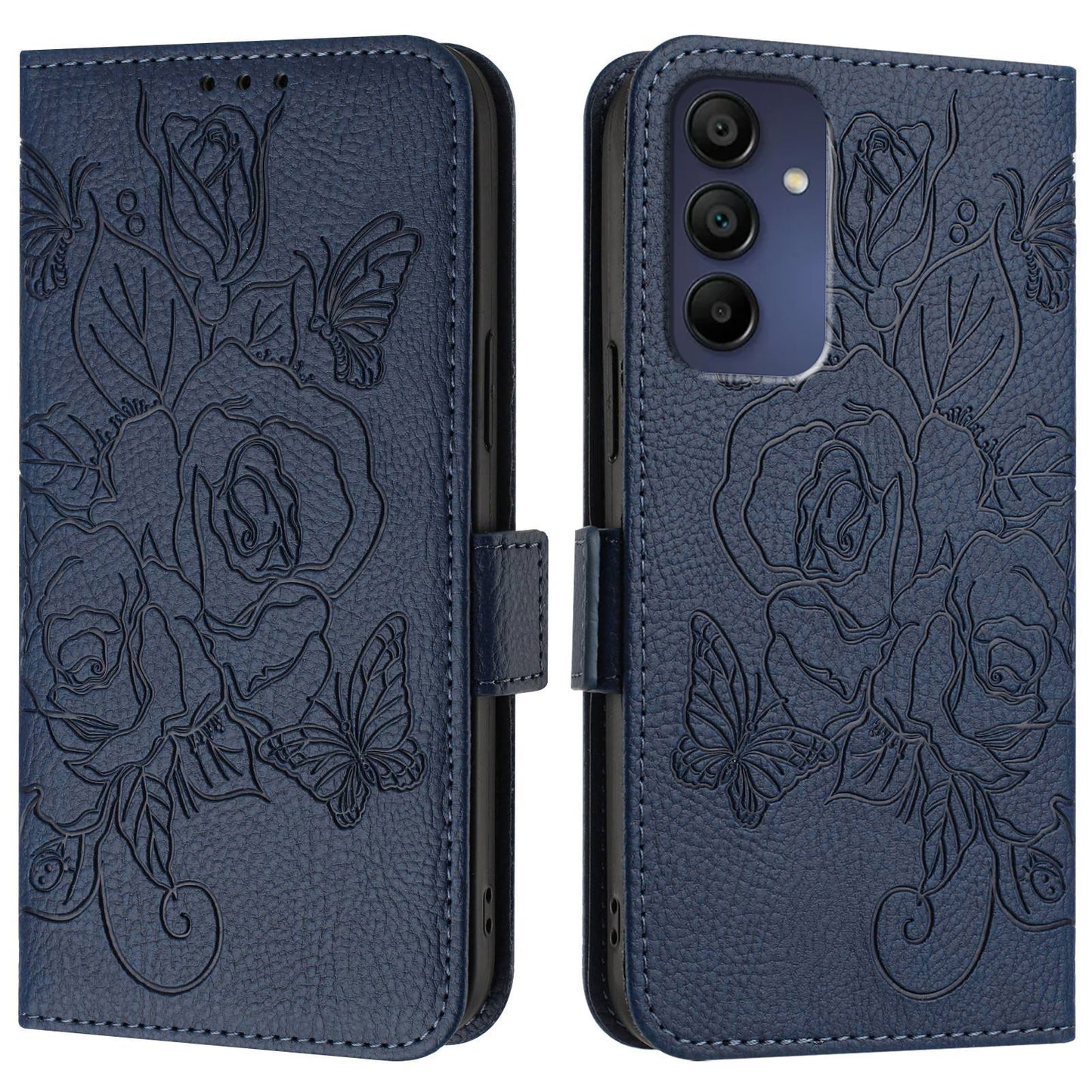 For Samsung Galaxy A16 5G / A16 4G Case Rose Imprinted RFID Blocking Leather Phone Cover with Strap - Dark Blue