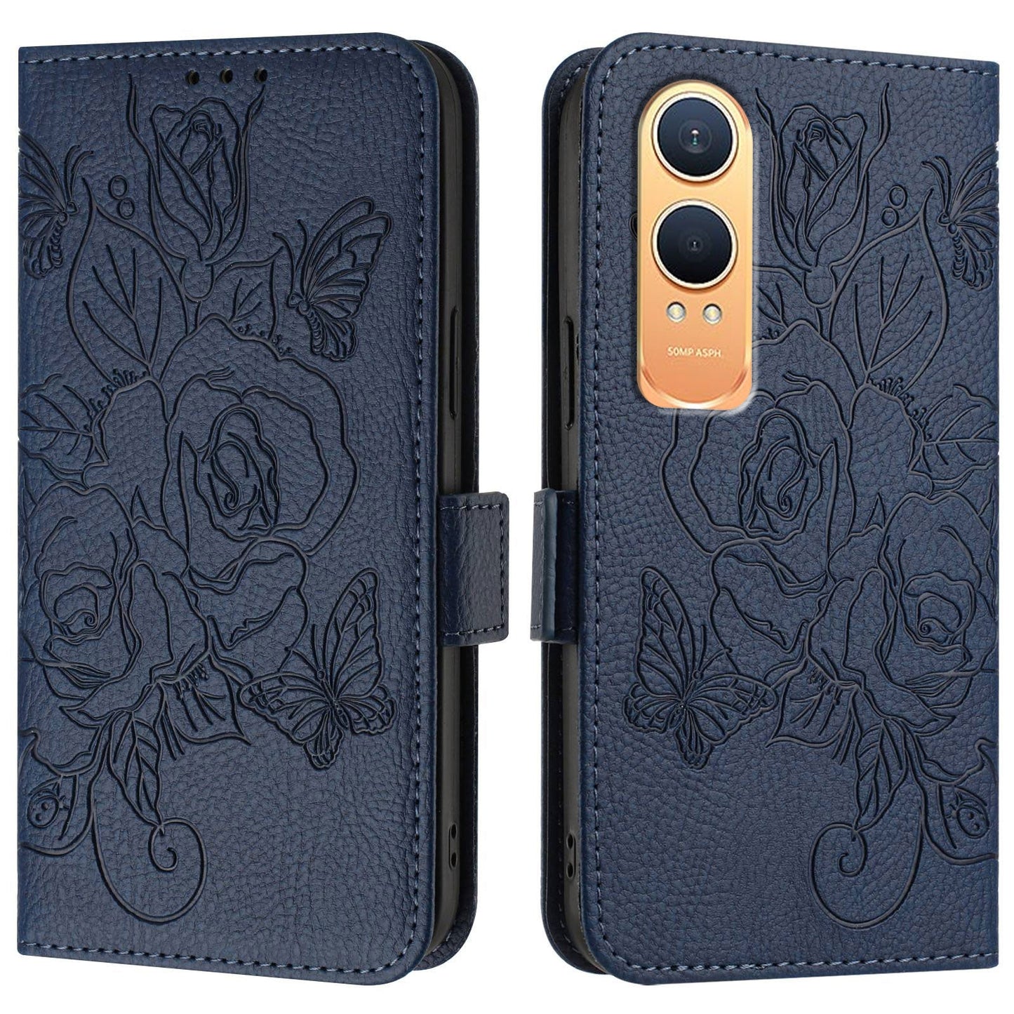 For OnePlus Nord CE4 Lite 5G Case Rose Imprinted RFID Blocking Leather Phone Cover with Strap - Dark Blue