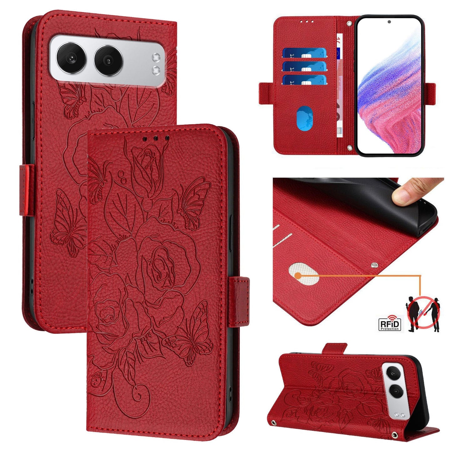 For OnePlus Nord 4 Case Rose Imprinted RFID Blocking Leather Phone Cover with Strap - Red