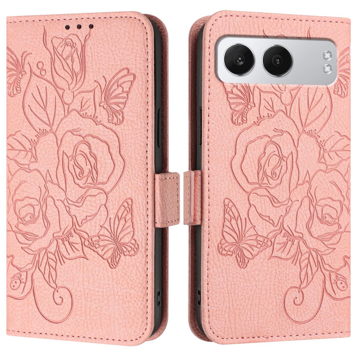 For OnePlus Nord 4 Case Rose Imprinted RFID Blocking Leather Phone Cover with Strap - Pink