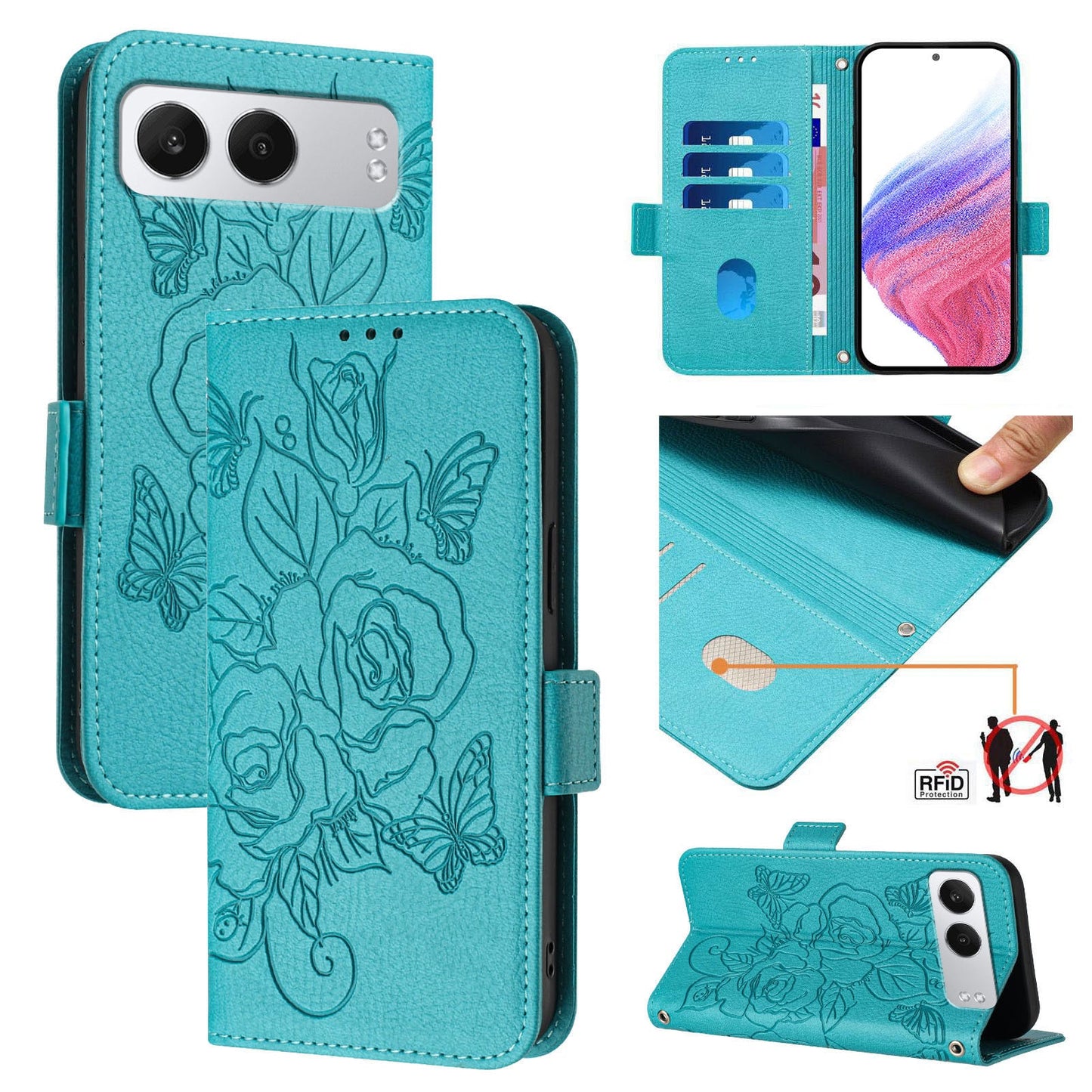 For OnePlus Nord 4 Case Rose Imprinted RFID Blocking Leather Phone Cover with Strap - Baby Blue