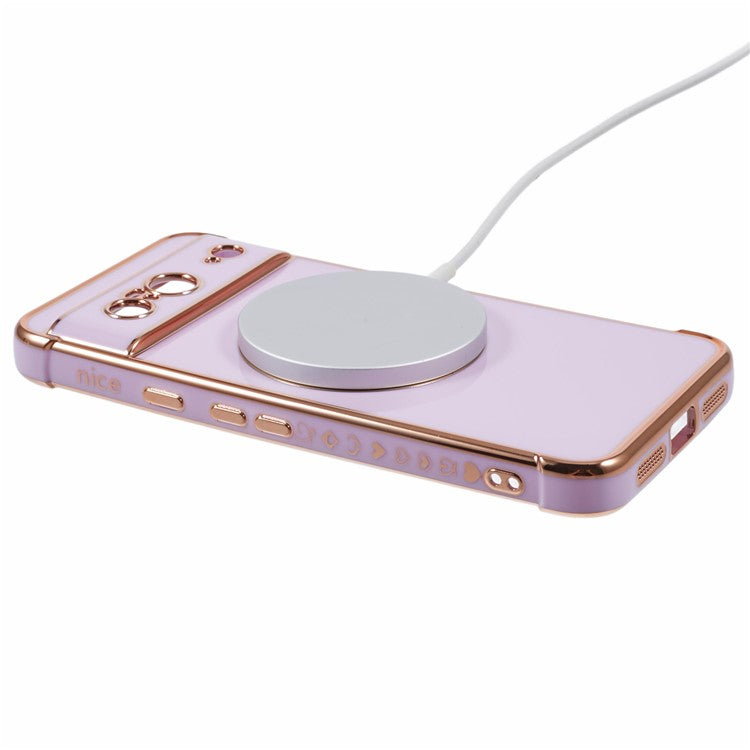 For Google Pixel 8 Case Compatible with MagSafe Electroplated TPU Phone Cover Hollow Love Hearts - Purple