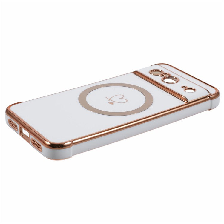 For Google Pixel 8 Case Compatible with MagSafe Electroplated TPU Phone Cover Hollow Love Hearts - Ivory White