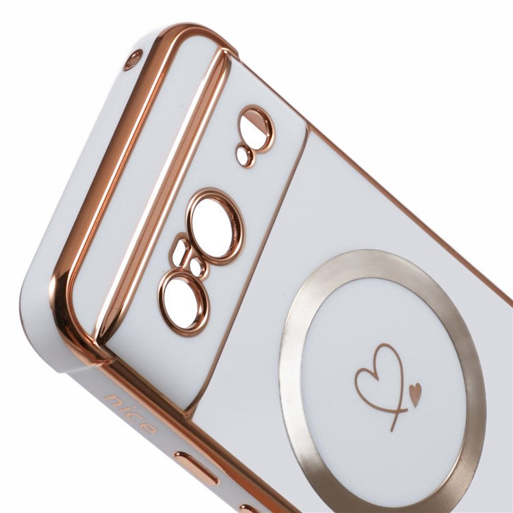 For Google Pixel 8 Case Compatible with MagSafe Electroplated TPU Phone Cover Hollow Love Hearts - Ivory White