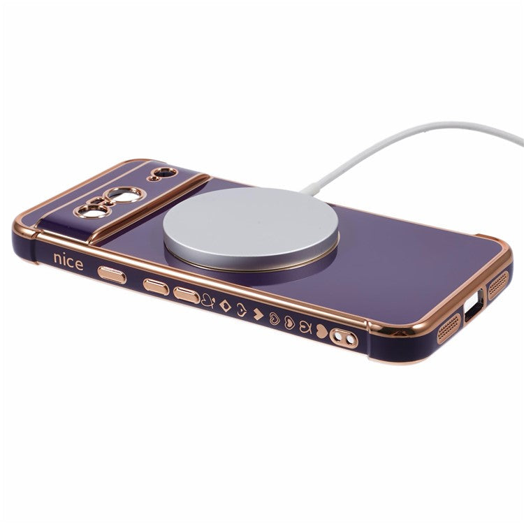 For Google Pixel 8 Case Compatible with MagSafe Electroplated TPU Phone Cover Hollow Love Hearts - Dark Purple