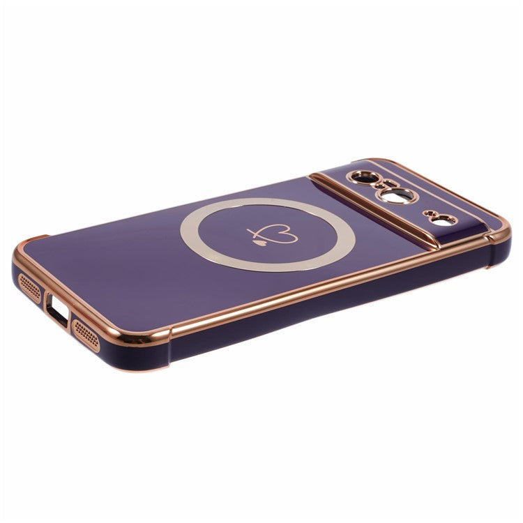 For Google Pixel 8 Case Compatible with MagSafe Electroplated TPU Phone Cover Hollow Love Hearts - Dark Purple
