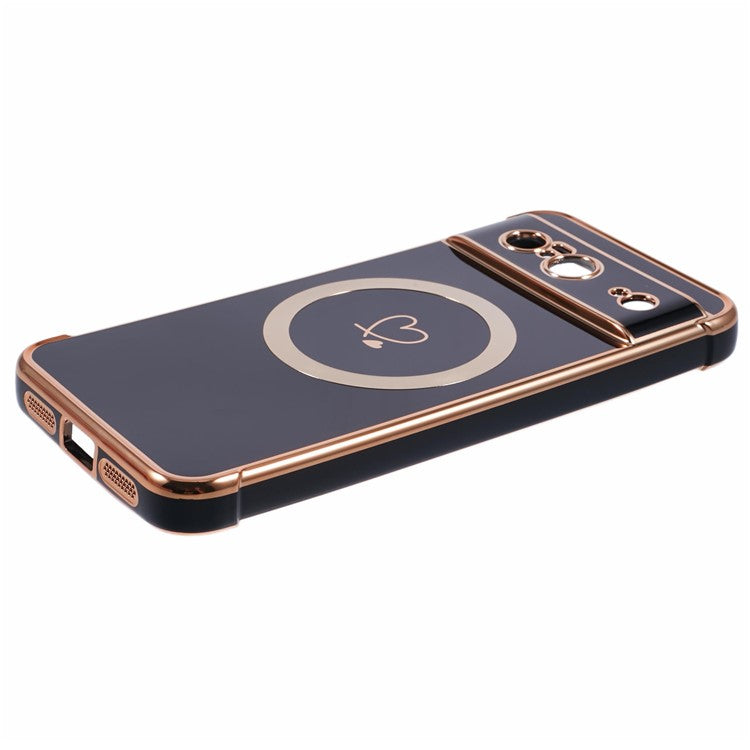 For Google Pixel 8 Case Compatible with MagSafe Electroplated TPU Phone Cover Hollow Love Hearts - Black