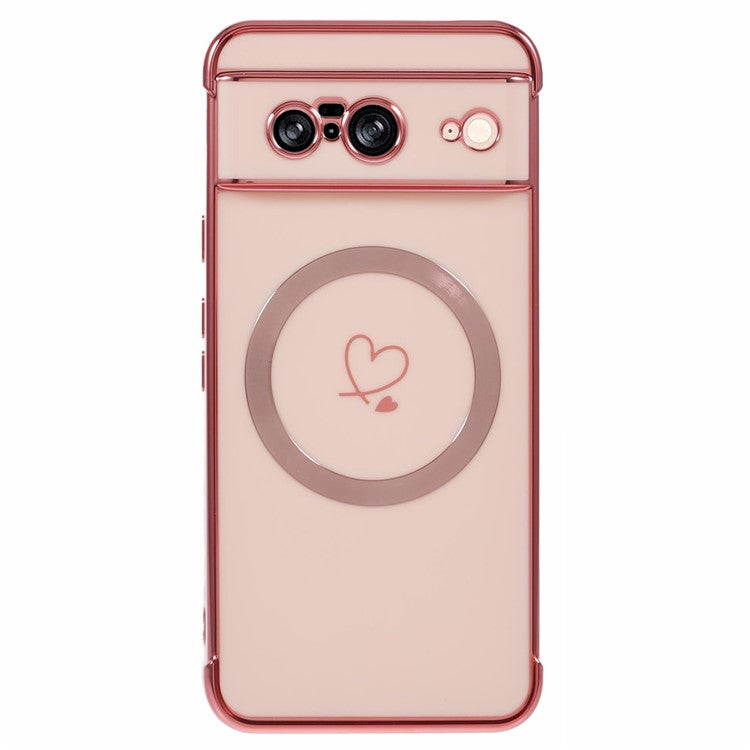 For Google Pixel 8 Case Compatible with MagSafe Electroplated TPU Phone Cover Hollow Love Hearts - Rose Pink