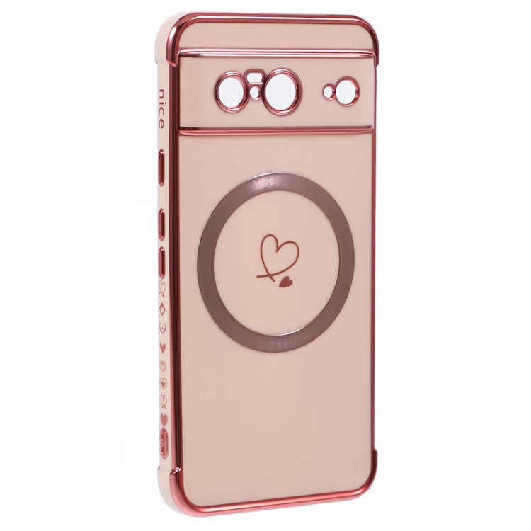 For Google Pixel 8 Case Compatible with MagSafe Electroplated TPU Phone Cover Hollow Love Hearts - Rose Pink