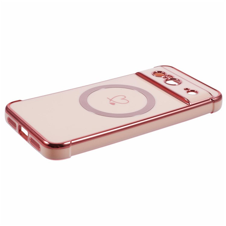 For Google Pixel 8 Case Compatible with MagSafe Electroplated TPU Phone Cover Hollow Love Hearts - Rose Pink