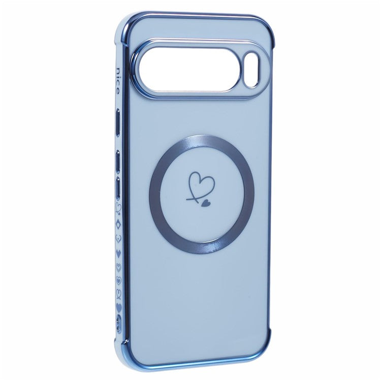 For Google Pixel 9 Pro XL Case Compatible with MagSafe Electroplated TPU Phone Cover Hollow Love Hearts - Blue