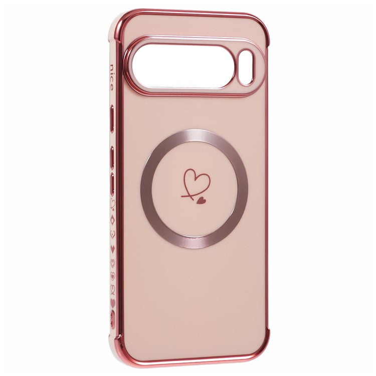 For Google Pixel 9 Pro XL Case Compatible with MagSafe Electroplated TPU Phone Cover Hollow Love Hearts - Rose Gold