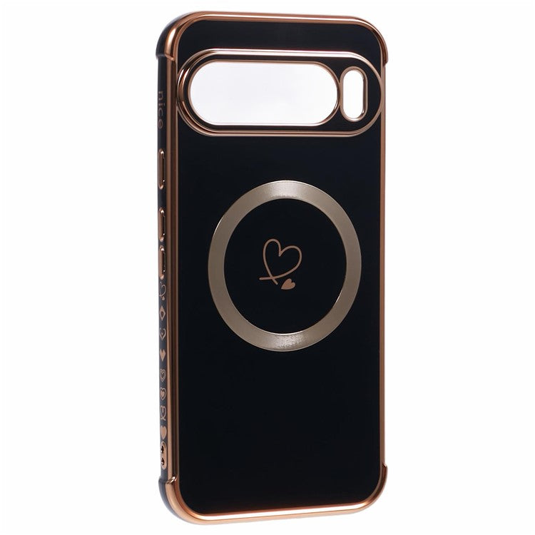 For Google Pixel 9 Pro XL Case Compatible with MagSafe Electroplated TPU Phone Cover Hollow Love Hearts - Black