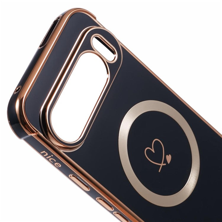 For Google Pixel 9 Pro XL Case Compatible with MagSafe Electroplated TPU Phone Cover Hollow Love Hearts - Black